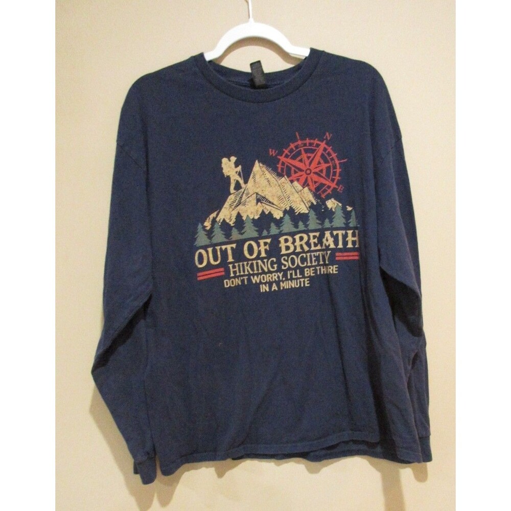 Out of Breath Hiking Society Graphic Shirt Men XL Navy Long Sleeve Gildan Cotton